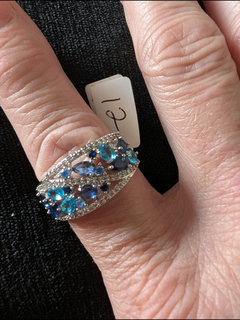 Silver Blue Crystal Cluster Ring #44